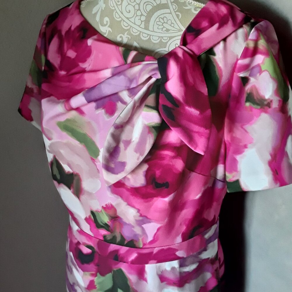 London Times Pink Floral bow accent neckline midi dress size 12